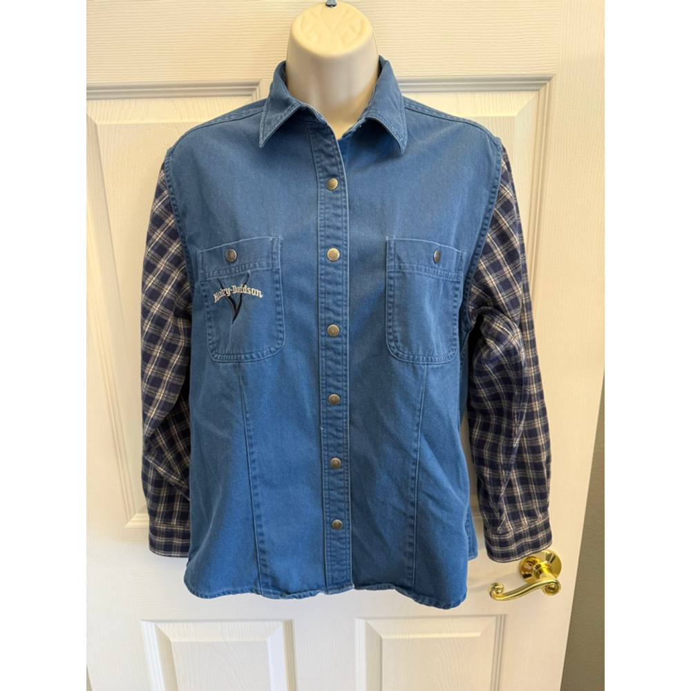 vintage WM Harley-Davidson denim LS shirt plaid flannel sleeves snaps Size S